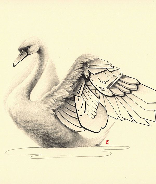 Pencil and ink illustration of a beautiful swan with geometric elements, by Naomi Hoang (Illustrator & Tattoo Artist at NAOHOA Luxury Bespoke Tattoos, Cardiff, Wales, UK).