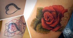 A coverup of a rose over an old heart tattoo by Naomi Hoang at NAOHOA (Cardiff).