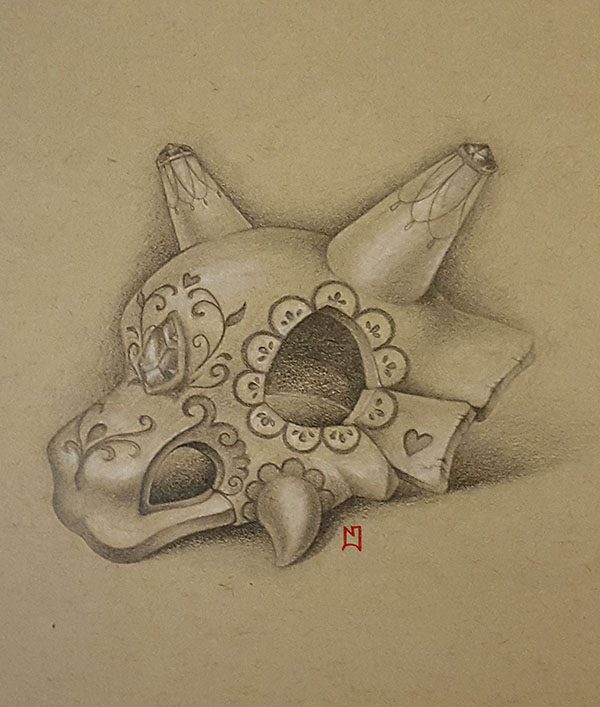 Pencil drawing of a Cubone skull, decorated as a sugarskull. Pokémon fanart. Drawn by Naomi Hoang (Illustrator & Tattoo Artist at NAOHOA Luxury Bespoke Tattoos, Cardiff, Wales, UK).